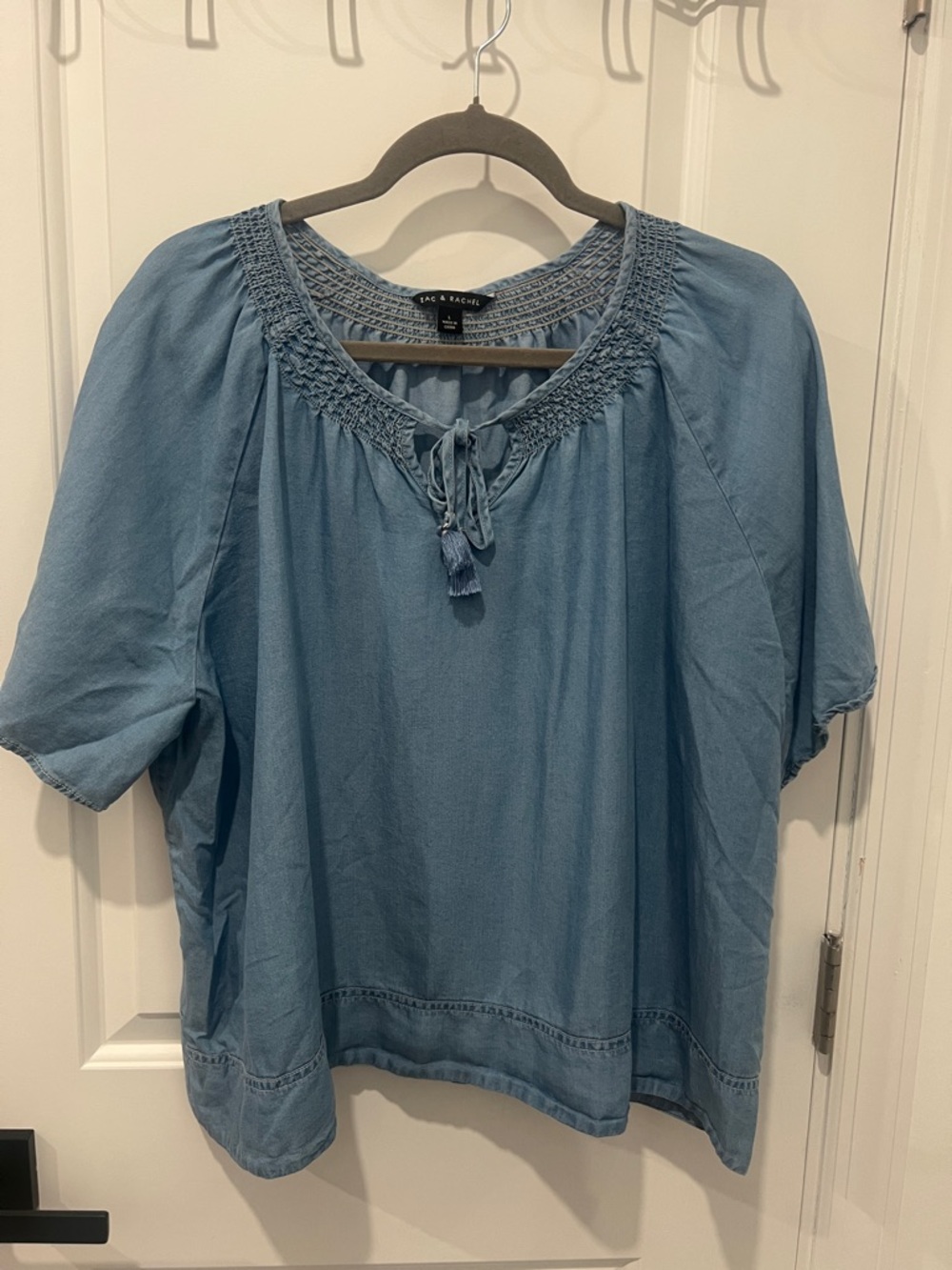 Zac & Rachel Blue Lightweight Denim Smocked Neck Shirt with Tassel Tie Size L